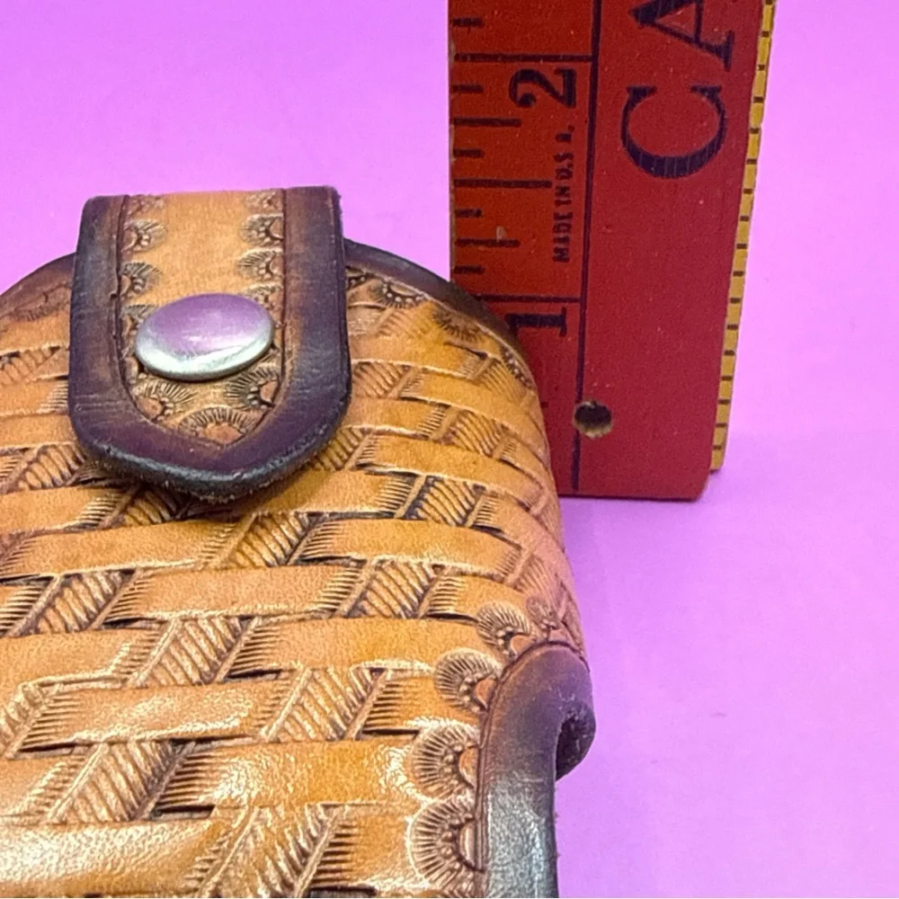 Leather Phone Sheath Holster Basket Weave Design Snap Closure Metal Belt Attach